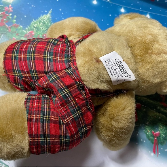 Manley Toys plush brown 8" bear with Christmas plaid outfit nice condition - Picture 3 of 3